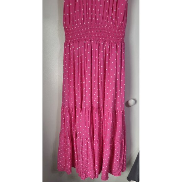 DRAPER JAMES Women's S Pink Polka Dot Flutter Sleeve Midi Dress Tiered Pockets - Picture 5 of 12